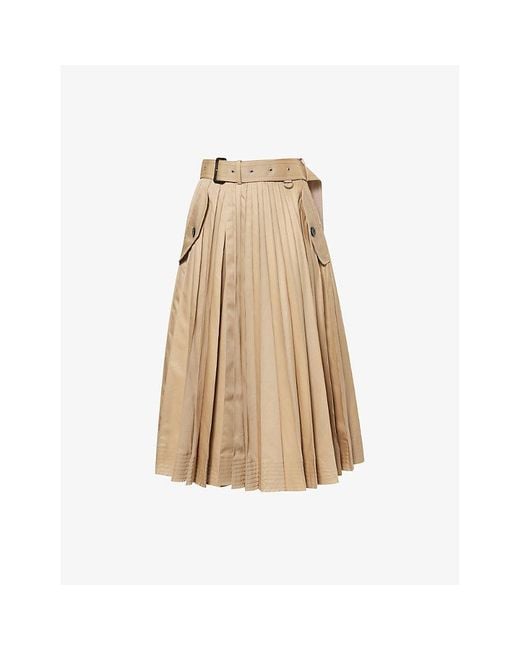 Sacai Natural Belted Pleated Cotton-Blend Midi Skirt