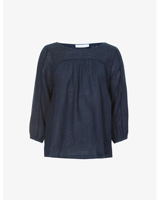 The White Company Summer Navy Blue Pintuck Detail Linen Top