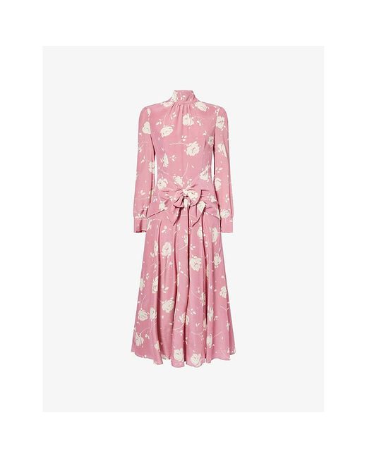 Alessandra Rich Pink Floral High-Neck Silk Midi Dress