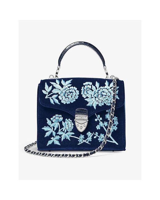 Aspinal Blue Mayfair Midi Flower-embroidered Velvet Top-handle Bag