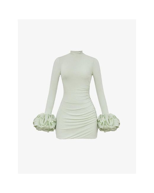 House Of Cb Green Camilla Ruffle-Cuff Jersey Mini Dress