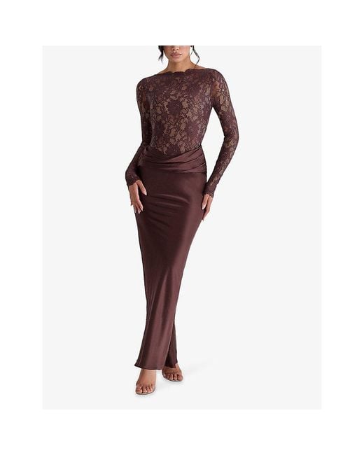 House Of Cb Brown Yasmeen Lace-Bodysuit Stretch-Woven Maxi Dress