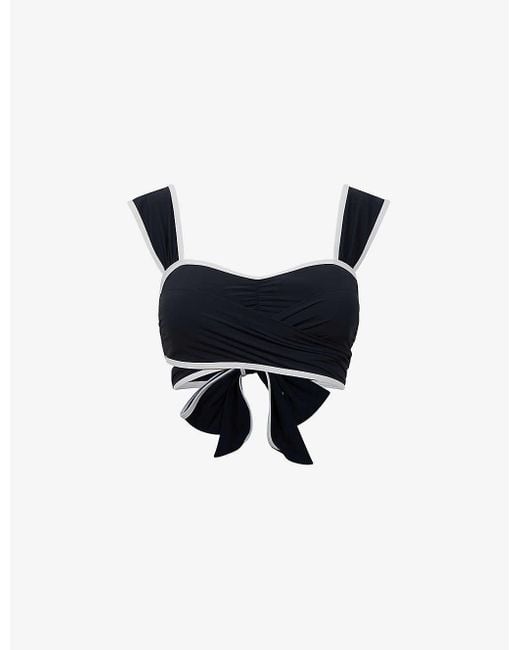 Reiss Black Vy/white Cristina Wrap-front Stretch Recycled-nylon Bikini Top