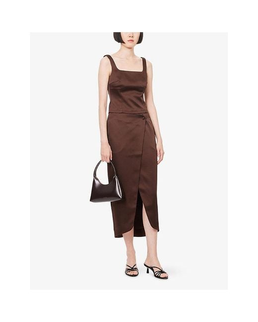 REMAIN Birger Christensen Brown Bane Wrap Satin Midi Skirt