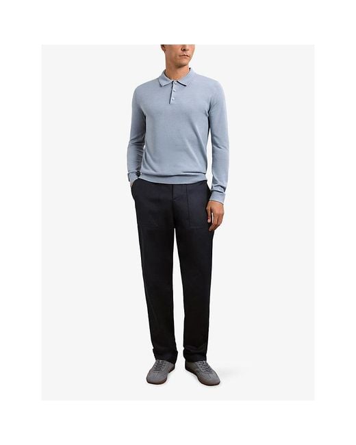Reiss Blue Trafford Half-Button Merino-Wool Polo for men