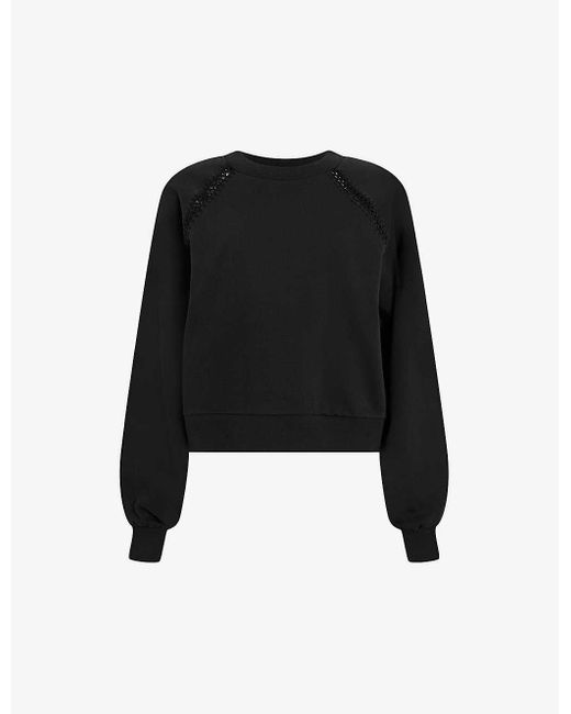 AllSaints Black Ewelina Ladder-trim Relaxed-fit Organic-cotton Sweatshirt