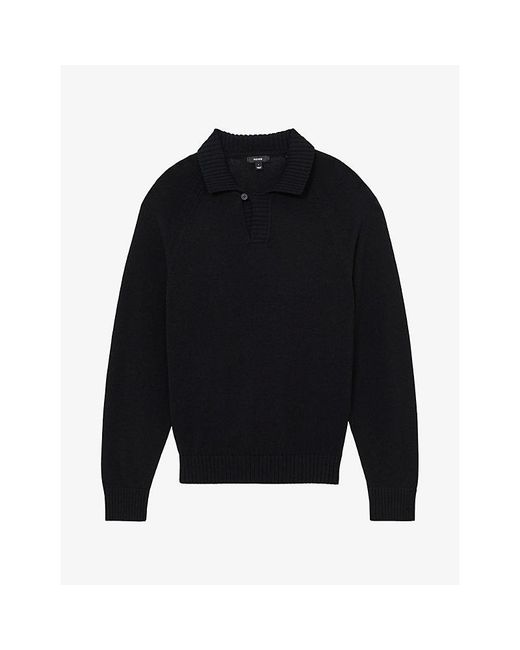 Reiss Black Open-Collar Cotton Polo Jumper for men