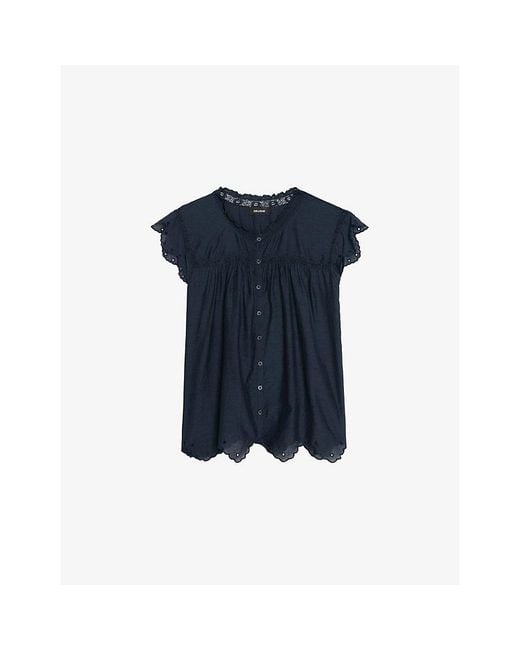 Zadig & Voltaire Blue Tika Embroidered Round-Neck Cotton-Blend Top