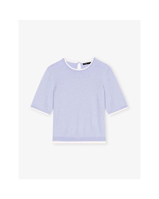 Maje Blue Rhinestone-Embellished Short-Sleeved Stretch Wool-Blend Jumper