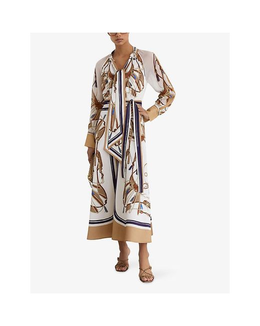 Reiss White Ellie Foulard-Print Tie-Neck Woven Midi Dress