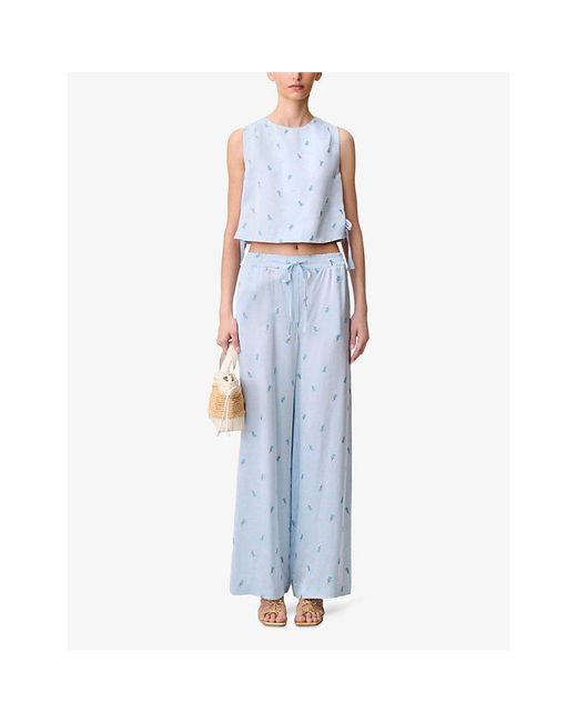 Claudie Pierlot Blue Floral-Embroidered Wide-Leg Satin Trousers