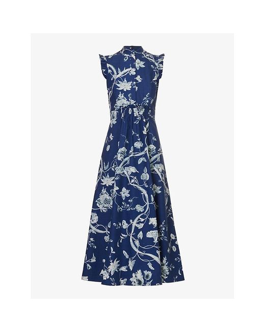Erdem Blue Floral-print Frilled-trim Cotton-poplin Maxi Dress
