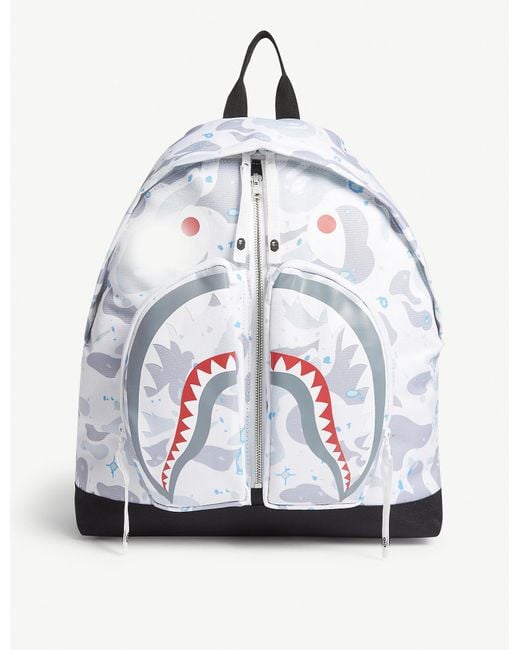 A Bathing Ape White Space Shark Print Backpack for men
