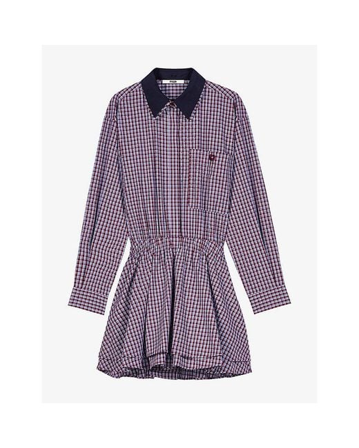 Maje Purple Checked Rhinestone-Embellished Cotton Mini Dress
