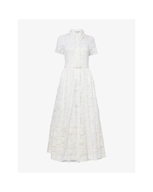 Mona Alshebil White Belted Sheer Lace Maxi Dress