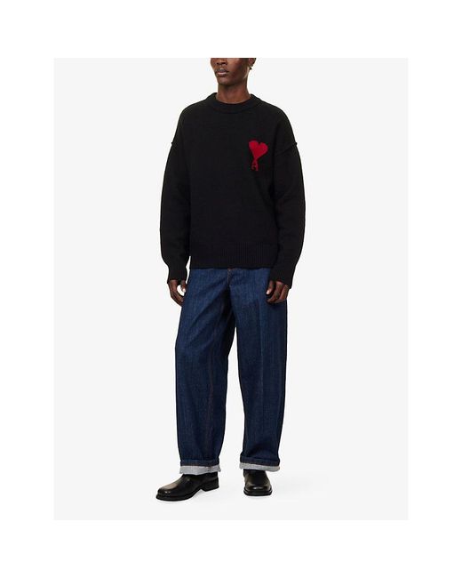 AMI Blue Logo-Knit Crewneck Wool Jumper for men