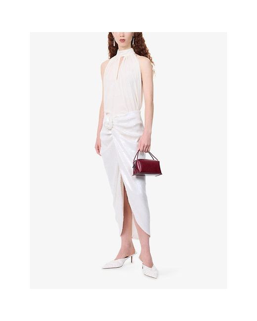 ROTATE BIRGER CHRISTENSEN White Knot-Detail Asymmetric-Hem Sequin-Embellished Midi Skirt