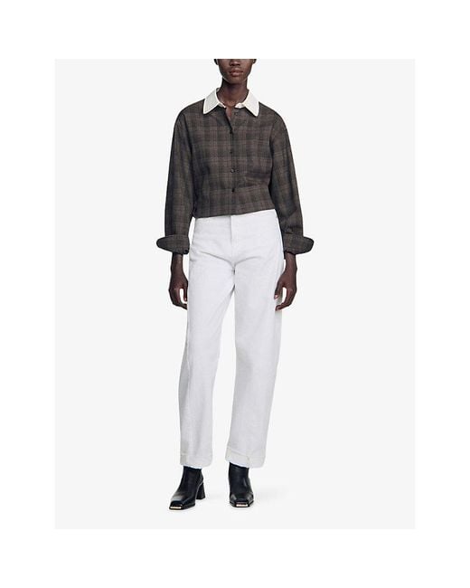 Sandro Black Contrast-Collar Checked Woven Shirt