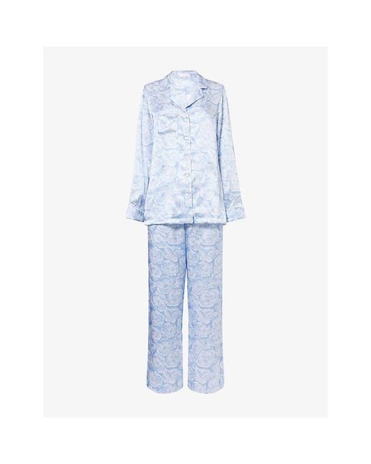 Derek Rose Blue Rose-Print Silk Pyjamas