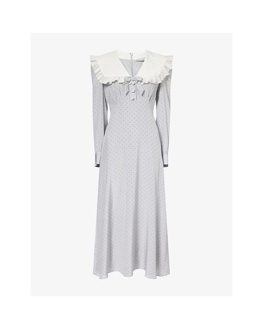 Alessandra Rich Gray Polka-Dot Frilled-Collar Silk Midi Dress