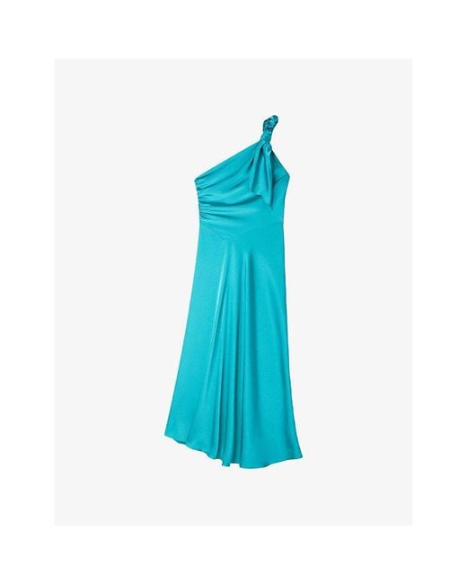 Sandro Blue One-Shoulder Sleeveless Satin Maxi Dress