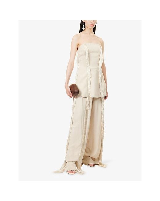 Rebirth Natural Fringed Straight-Leg Woven Trousers