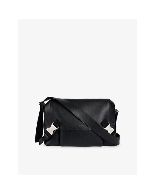 Sandro Black Brand-Embossed Leather Messenger Bag for men