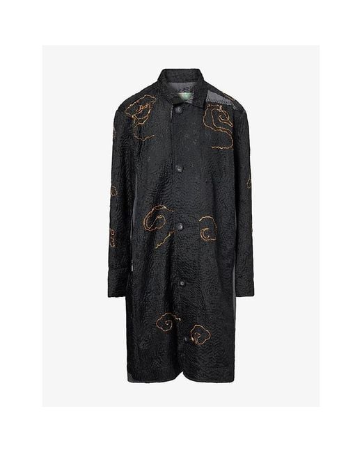 By Walid Black Duster Embroidered Wool-And-Silk Coat