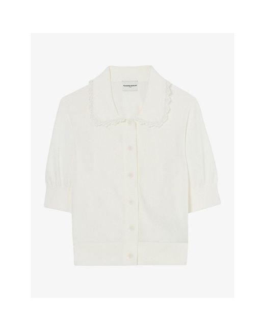 Claudie Pierlot White Collared Short-Sleeve Knitted Cardigan