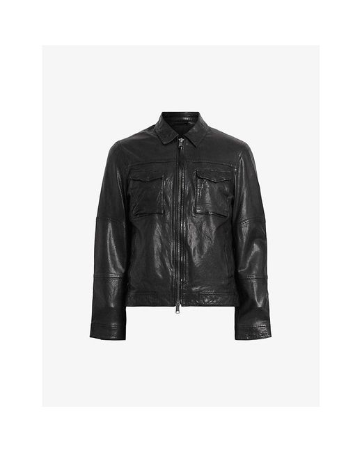 AllSaints Black Whilby Patch-pockets Leather Jacket for men