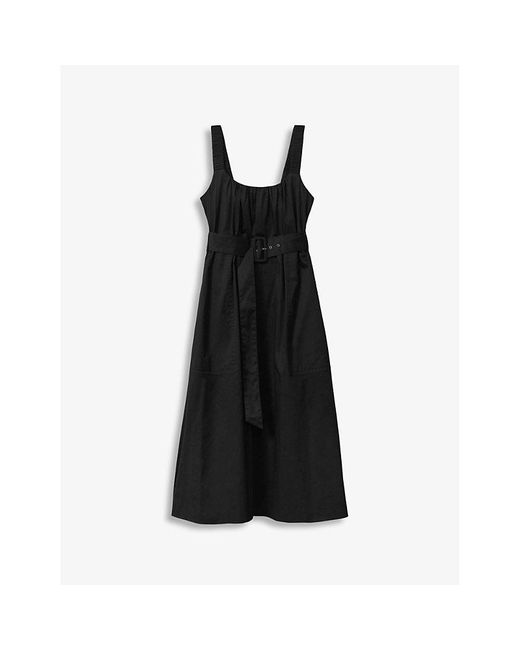 Reiss Black Liza Ruched-strap Sleeveless Cotton Midi Dress