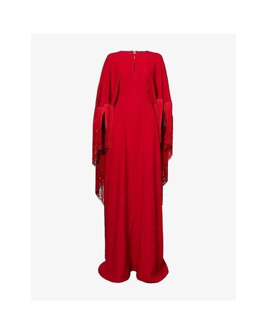 ‎Taller Marmo Red Fringed Cape Woven Maxi Dress