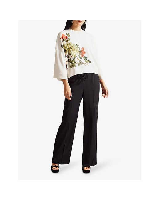 Ted Baker White Laurale Floral-embroidered Relaxed-fit Stetch-woven Jumper