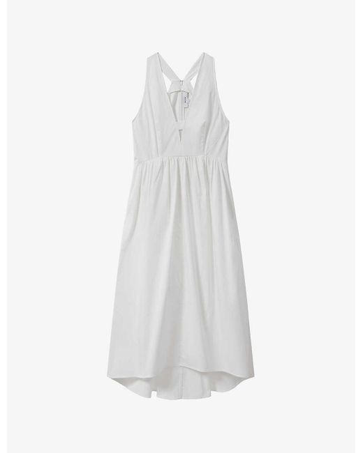 Reiss White Yana V-neck Cut-out Stretch-cotton Midi Dress
