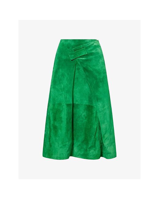 Bottega Veneta Green Wrap-Front A-Line Suede Midi Skirt