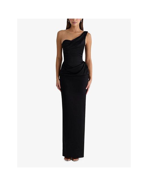 House Of Cb Black Caprice One-Shoulder Satin Maxi Dress Xs (A-C Cup)