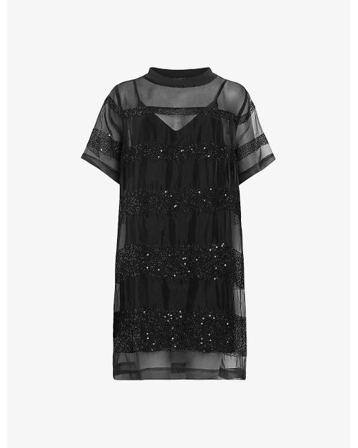 AllSaints Black Izabela Sequin-embellished Short-sleeve Mini Dress