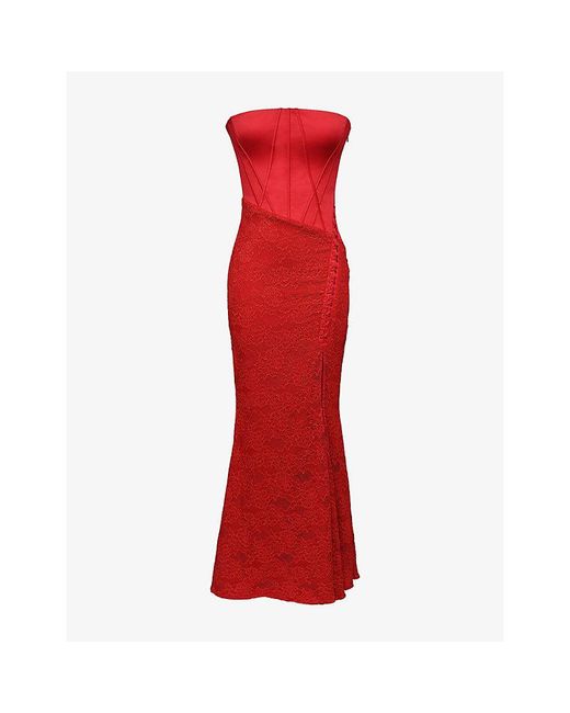 House Of Cb Red Valerie Strapless Satin And Lace Maxi Dress