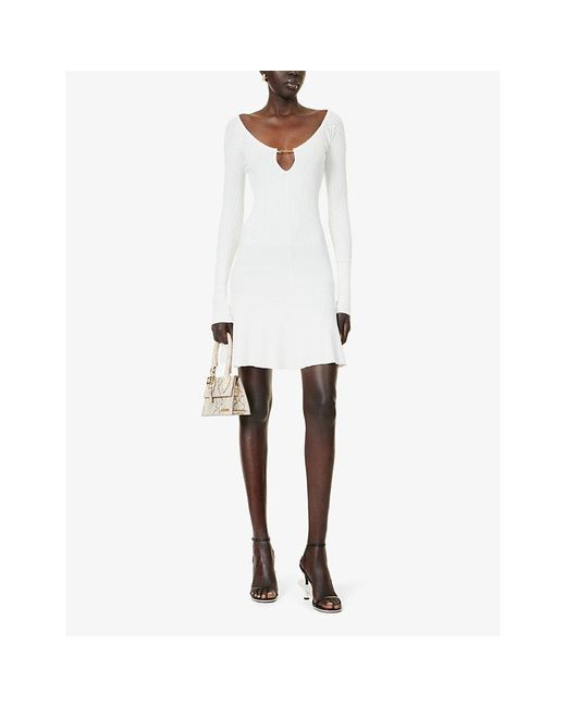 Jacquemus White Pralu Logo-plaque Long-sleeve Woven Mini Dress