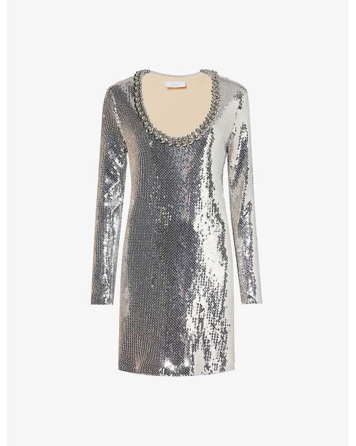 Rabanne White Sequin-embellished Scoop-neck Stretch-woven Mini Dress