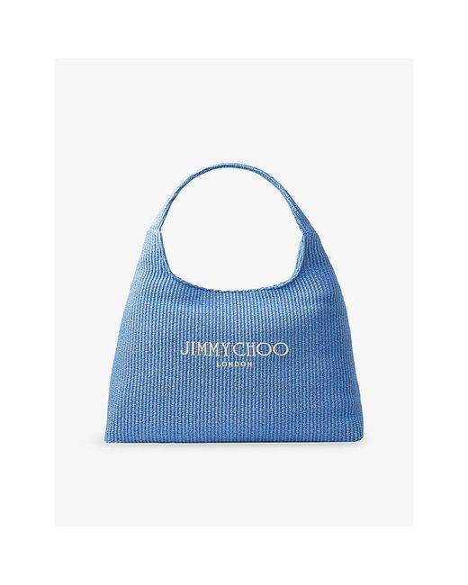 Jimmy Choo Blue Beach Diamond Logo-Embroidered Hobo Raffia Bag