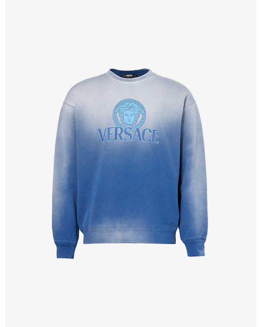 Versace Blue Brand-print Gradient-design Cotton-jersey Sweatshirt for men