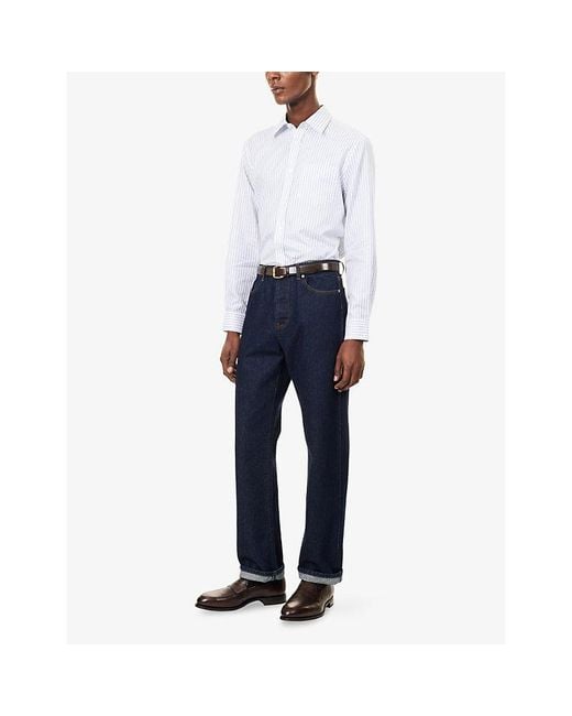 Dunhill White Striped Pointed-Collar Textured-Cotton Shirt for men