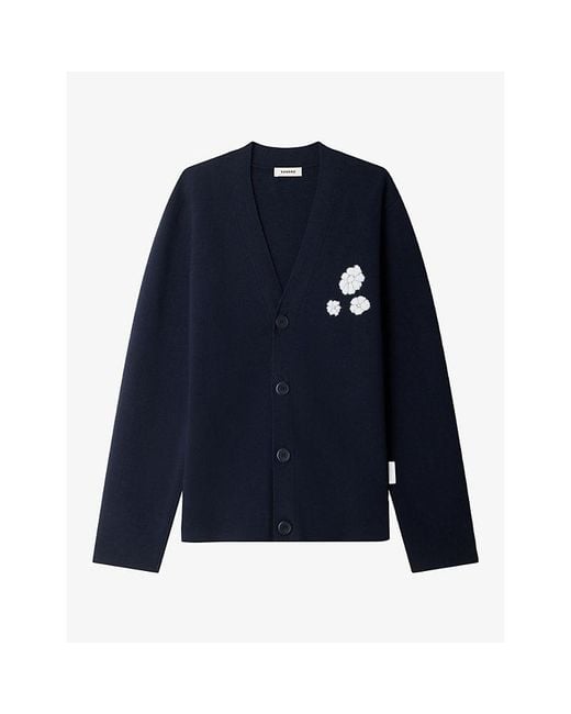 Sandro Blue Flower-Embroidered Button-Down Wool-Blend Cardigan for men