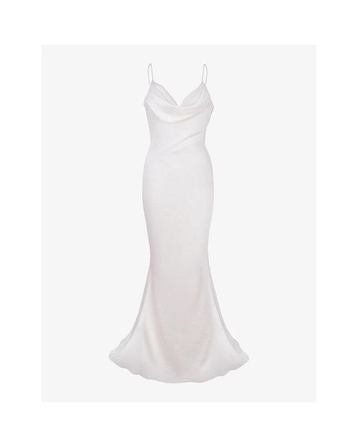 House Of Cb White Aurelie Cowl-neck Satin-texture Bridal Gown