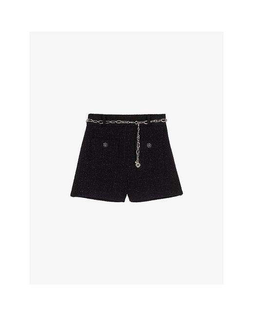 Maje Black Belted-Waist High-Rise Tweed Shorts