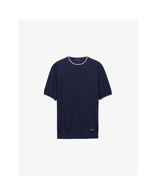 Prada Blue Brand-Appliqué Short-Sleeve Silk And Cotton-Blend Knitted Jumper for men