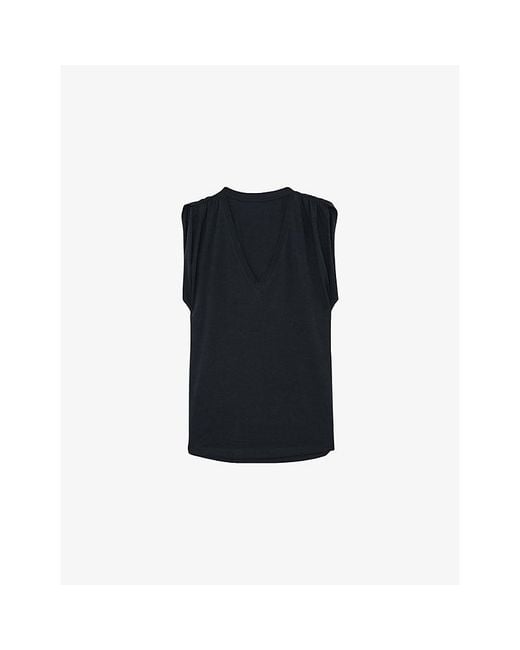 Reiss Blue Renee V-Neck Gathered-Detail Cotton T-Shirt