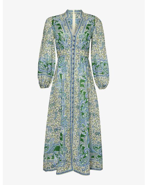 Zimmermann Green Ottie Paisley-print Linen Midi Dress