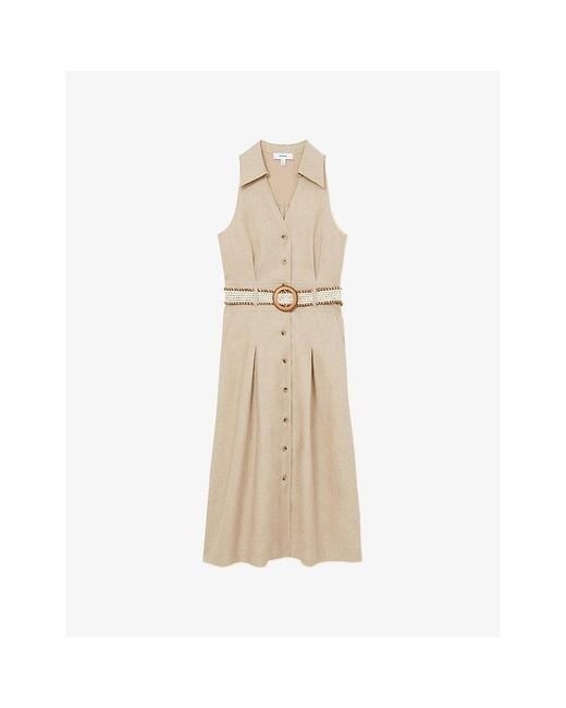 Reiss Natural Annie Belted Sleeveless Linen Midi Dress